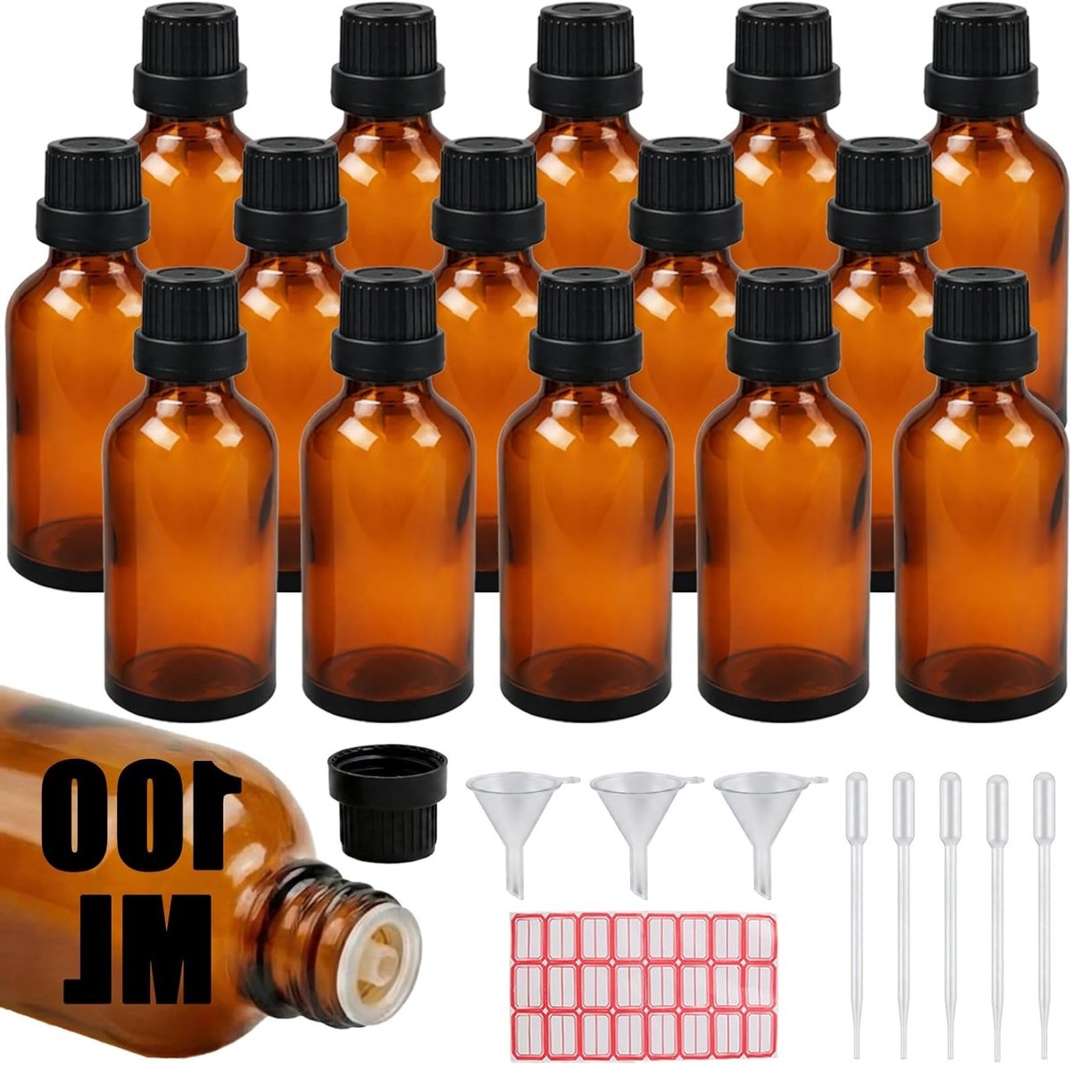 Herbruikbare 15 x 100 ml bruine glazen flessen met pipet en schroefdop, lekvrije flessen voor etherische oliën, parfums en cosmetica, ideaal voor reizen en opslag