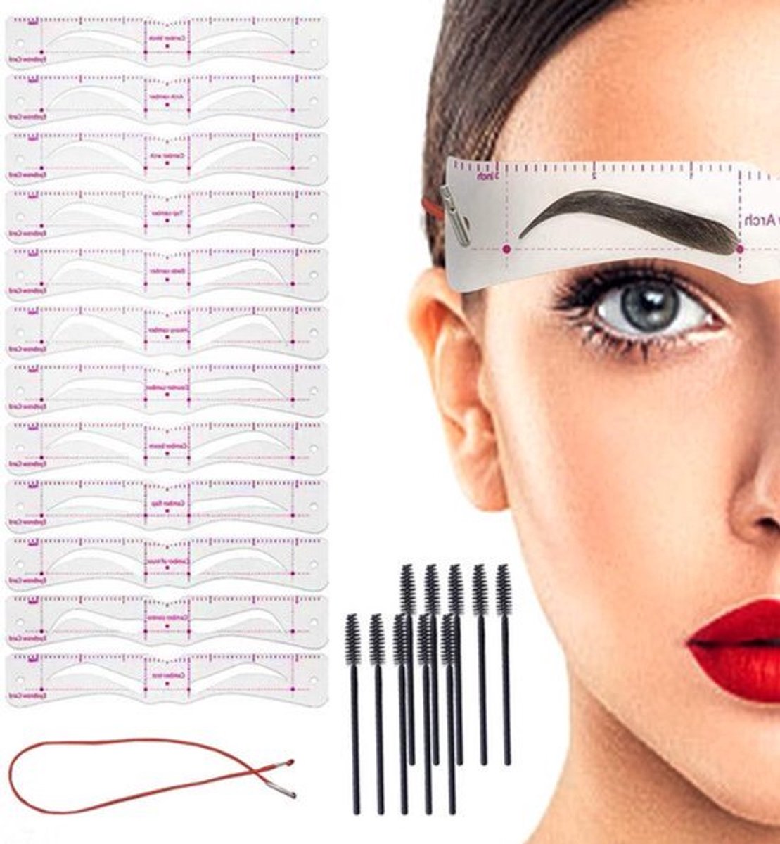 12 stuks wenkbrauwvormige kaarten met 10 stuks zwarte wenkbrauwkwasten voor beginners - Wenkbrauwen tekenen - Kopgemonteerde wenkbrauwvormen - Make-up hulpmiddelen