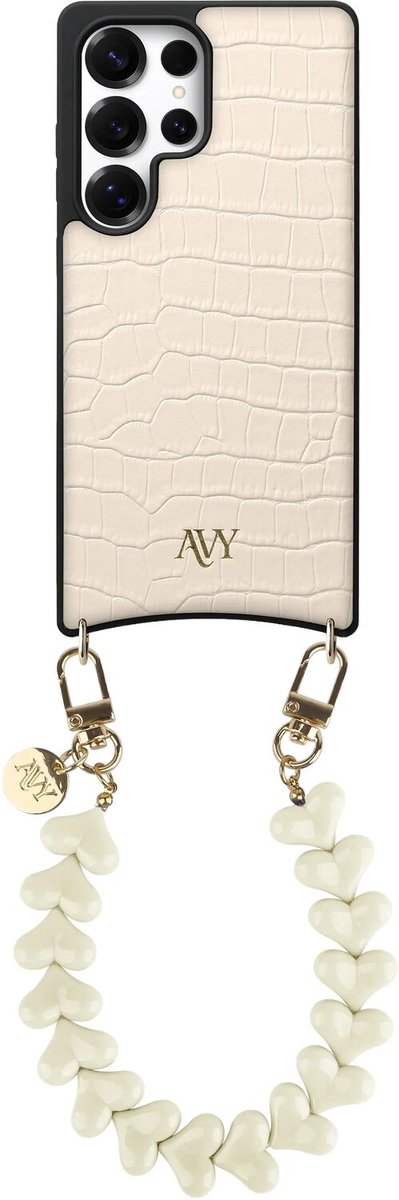 AVY Leren Hoesje Geschikt voor Samsung Galaxy S25 Ultra | Compatibel met MagSafe | Leather Case met Telefoonkoord | Polsband | Croco Beige | Cupid Beige
