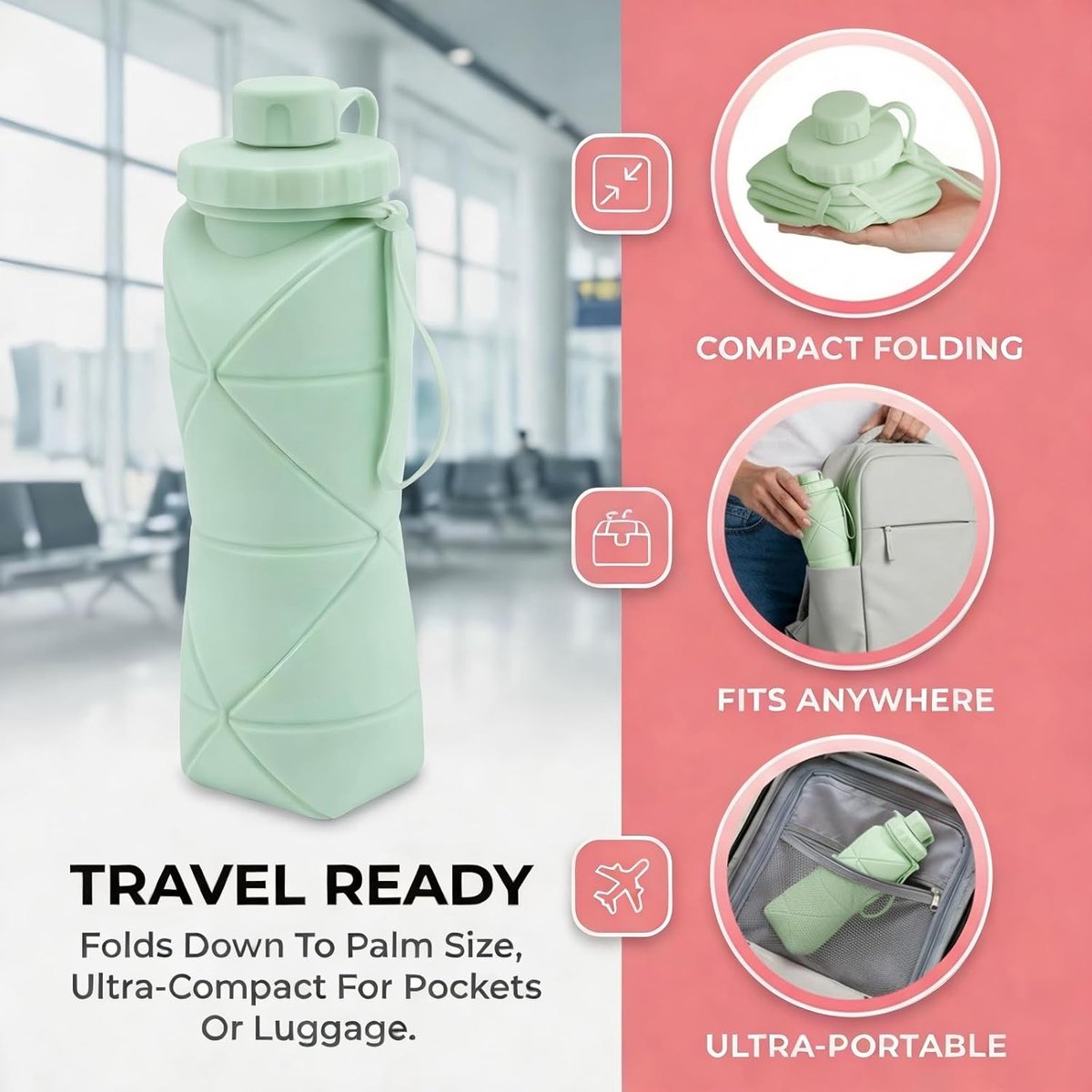 Opvouwbare waterfles - 600 ml siliconen - Zonder BPA - Lekvrij ontwerp - Draagbare travel fles - Lichtgewicht slanke - Met karabijnhaak - Voor wandelen en gym - Groen — cadeau in Sport & Outdoor - foto 4