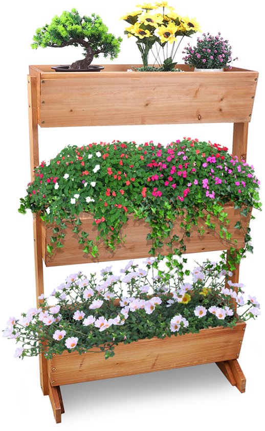 unho Verticale Tuin Moestuinbak op Poten - 3 Lagen - Massief Grenenhout - 69x39x106cm - Robuuste Plantenbak voor Balkon, Terras & Tuin