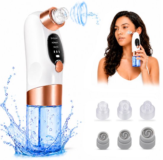 Wit en rosé goudkleurig apparaat met waterreservoir en 6 opzetstukken.