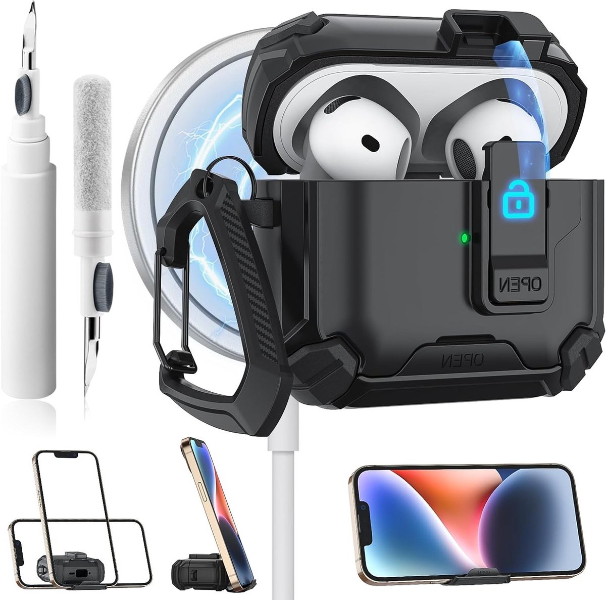 AirPods 4 hoes met telefoonhouder, automatische sluiting, volledige bescherming en reinigingsset voor optimale veiligheid en gebruiksgemak
