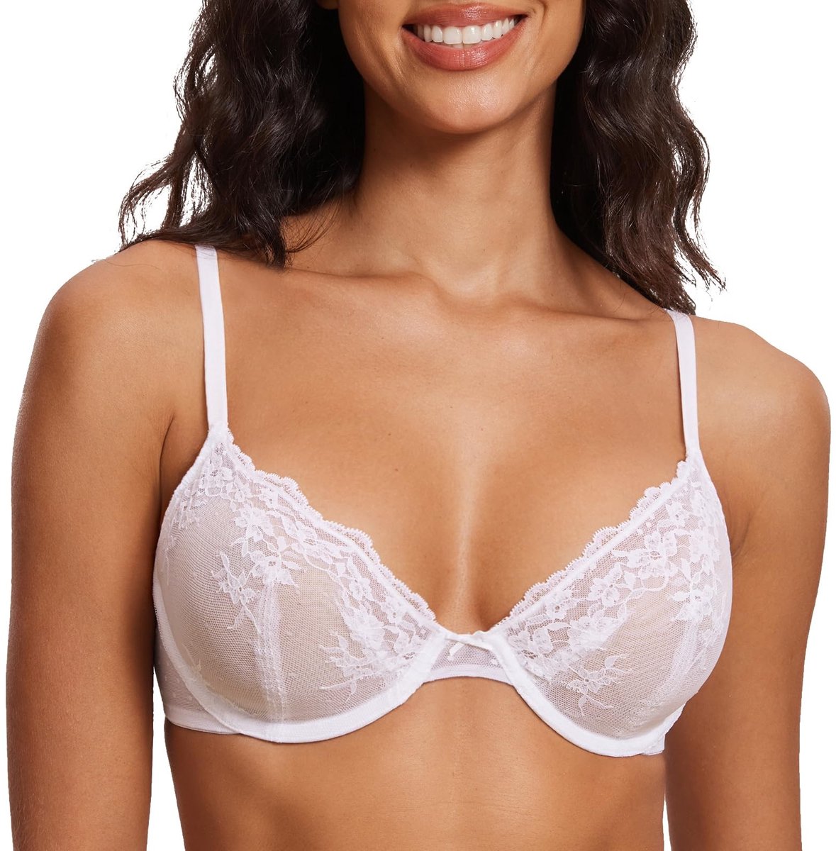 Jhubersproducts - Sexy Kant Mesh BH - Transparant Plus Size - Ongevoerde Plunge Beugel BH - Ademend Comfort - Doorschijnend - Geschikt voor Dames