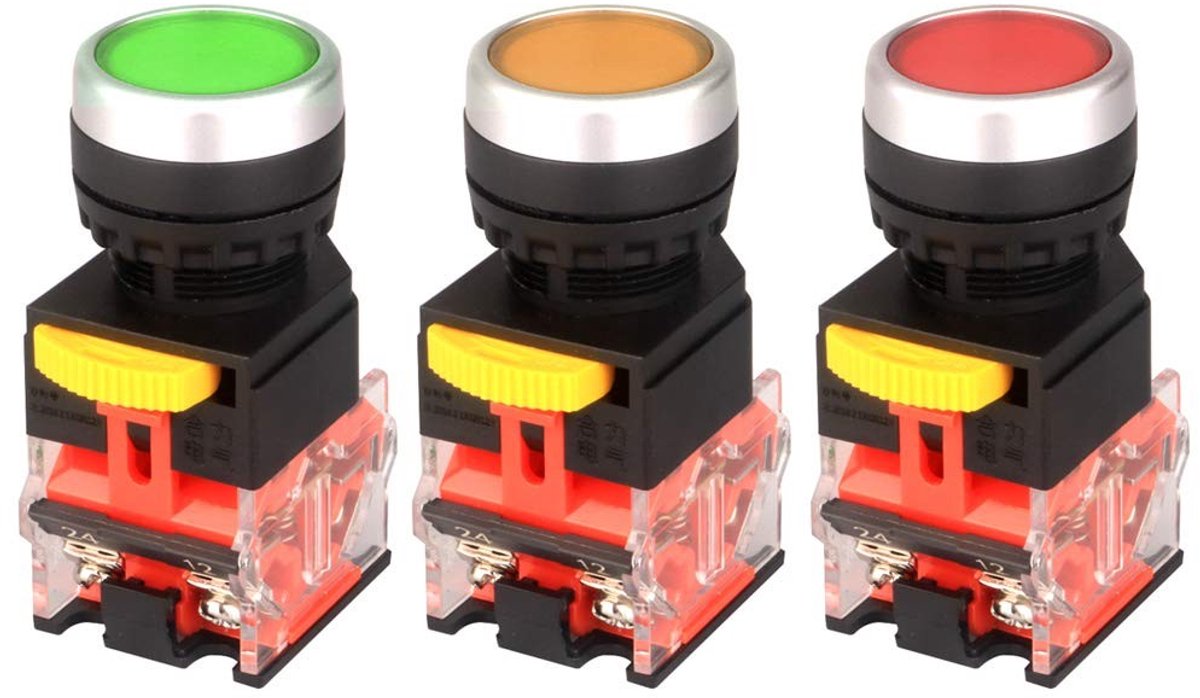Vlemico - Drukknop Schakelaars - Momentary - 3 Stuks - Rood/Groen/Geel - 1NO 1NC - Voor Automatische Besturing - 22mm