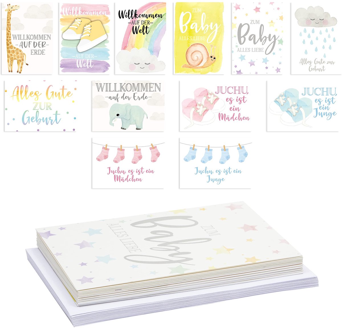 Livia home Wenskaarten voor geboorte - Babyshower kaarten - Schattige illustraties - A6 formaat - Meisjes en jongens - 12 motieven - Voor persoonlijke