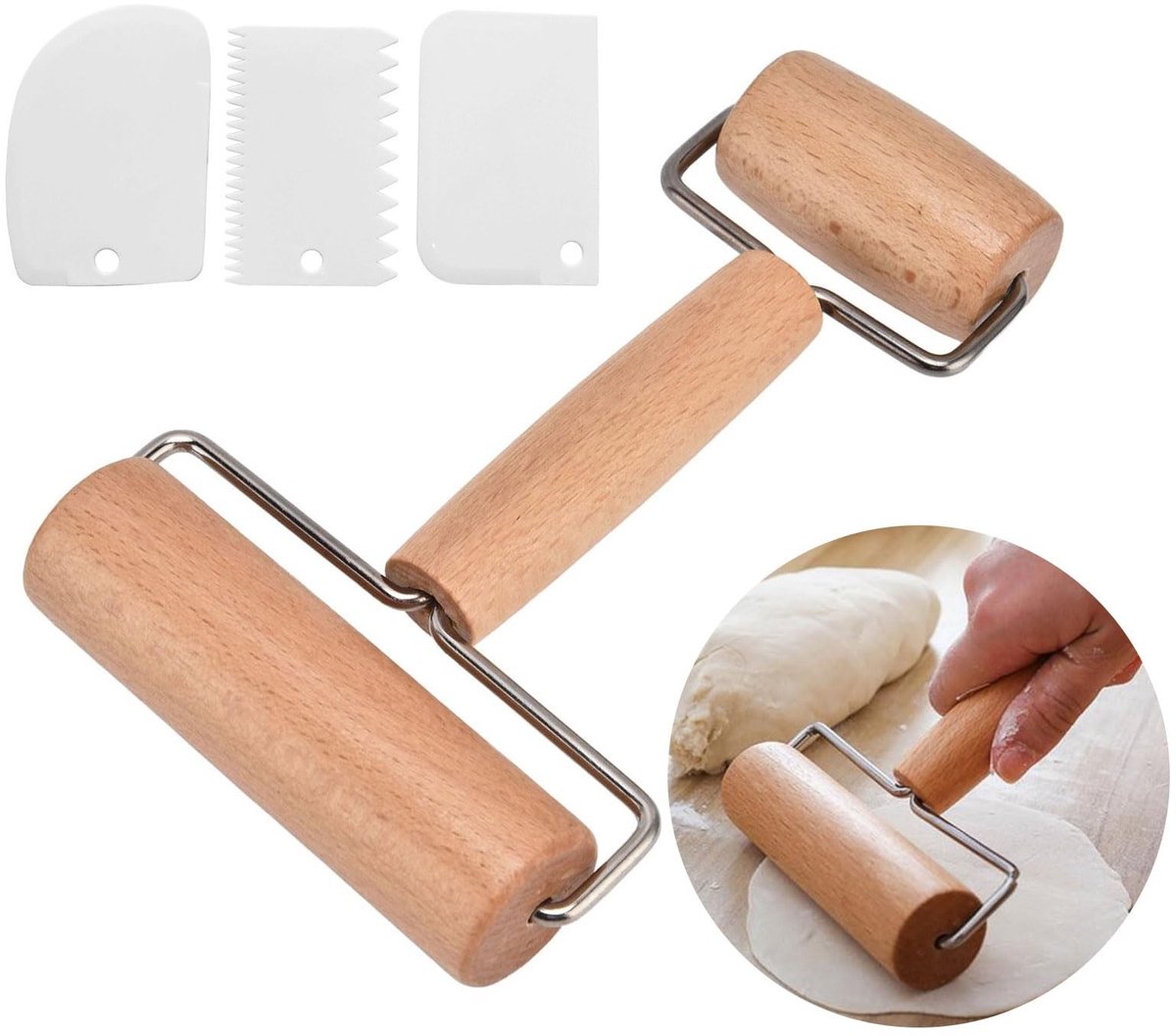 Smoakez - Deegroller - Houten deegroller set - Ideaal voor pizza en desserts - Bruin - Deegschrapers - Voor elke thuisbakker - 4-delige set