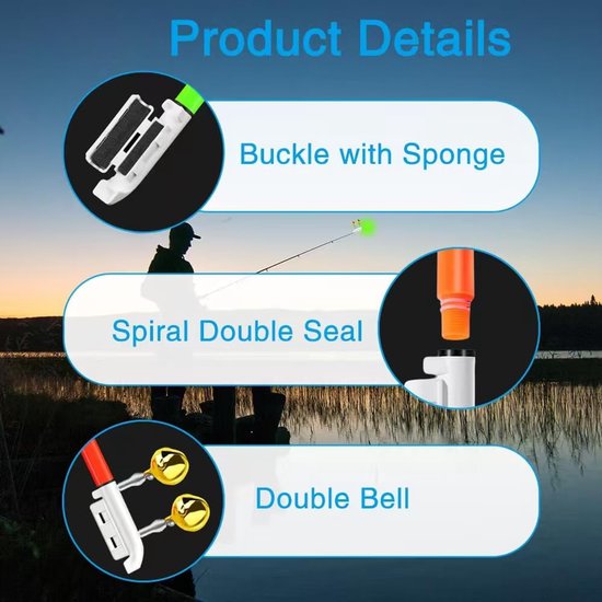 Dubbele Topbel Beetmelder - 6 Stuks - Bijtalarm - Hengel Alarm / Aas Alarm - Visbeetalarm - Vissen Accessoire - Nachtvishengel alarmlampje - Geluid en LED - Geschikt voor nachtvissen - Voor Zoutwater, Zoetwater, Nachtelijke, Rivier, Oever, Meer — afbeelding 5