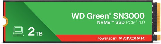 WD Green SN3000 2TB NVMe SSD PCIe 4.0, groen en rood met SanDisk logo