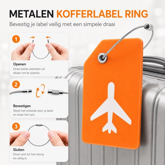 Instructies voor het openen, bevestigen en sluiten van een metalen kofferlabelring met oranje label.