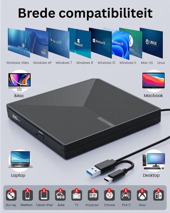 Externe DVD Brander USB 3.0 & USB-C - draagbare CD/DVD speler — afbeelding 3