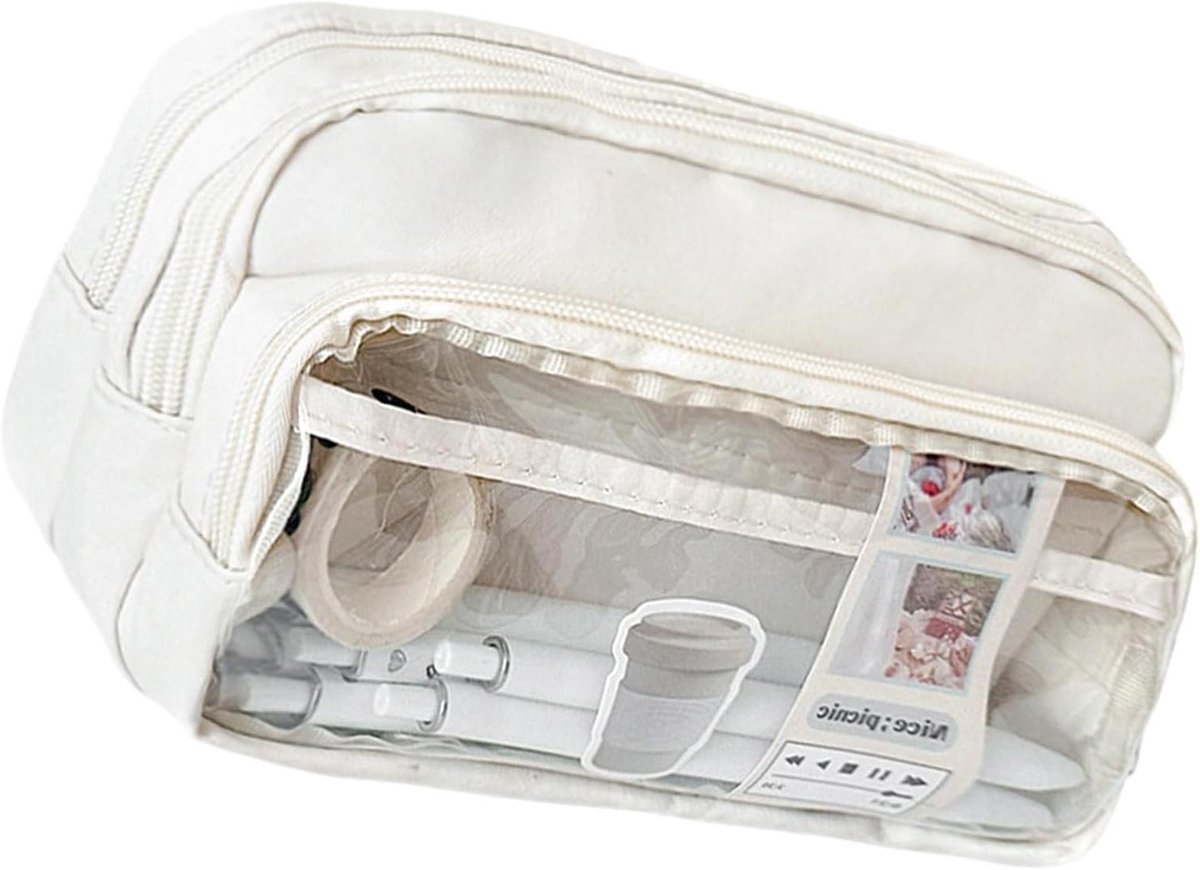 Transparante etui - Canvas tas - Schoolbenodigdheden organiseren - Grote capaciteit - 21.5 cm breed - Wit