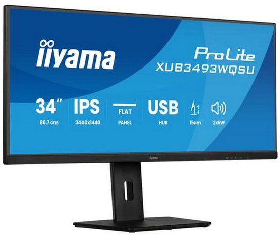 Iiyama ProLite 34-inch IPS-monitor met plat scherm, USB-hub en ingebouwde speakers.