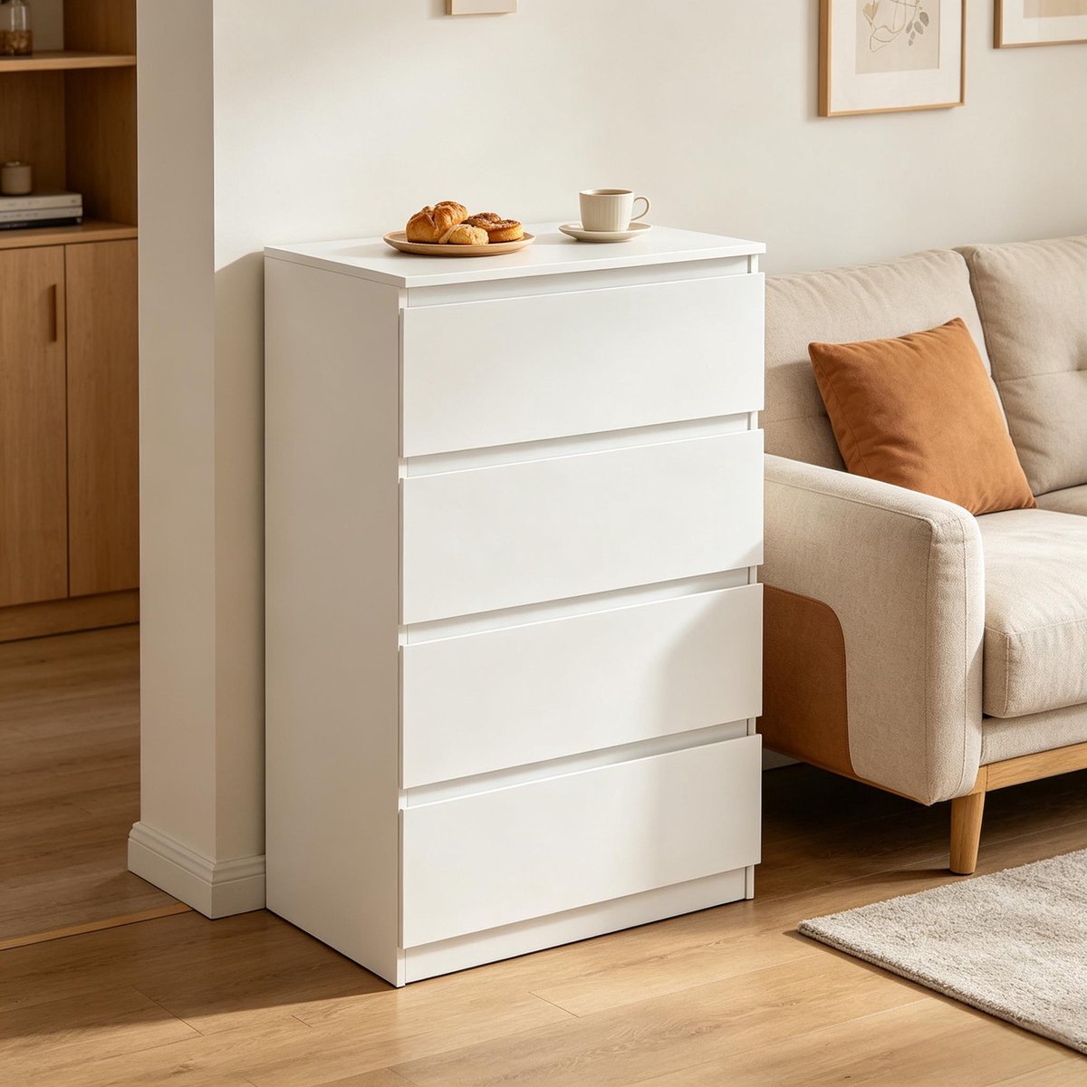 MODFU - Commode - 4 Lades En Verborgen Grepen - Minimalistisch - Slaapkamer - Hout Met Melaminefineer - Wit - 60 X 90 X 40 Cm