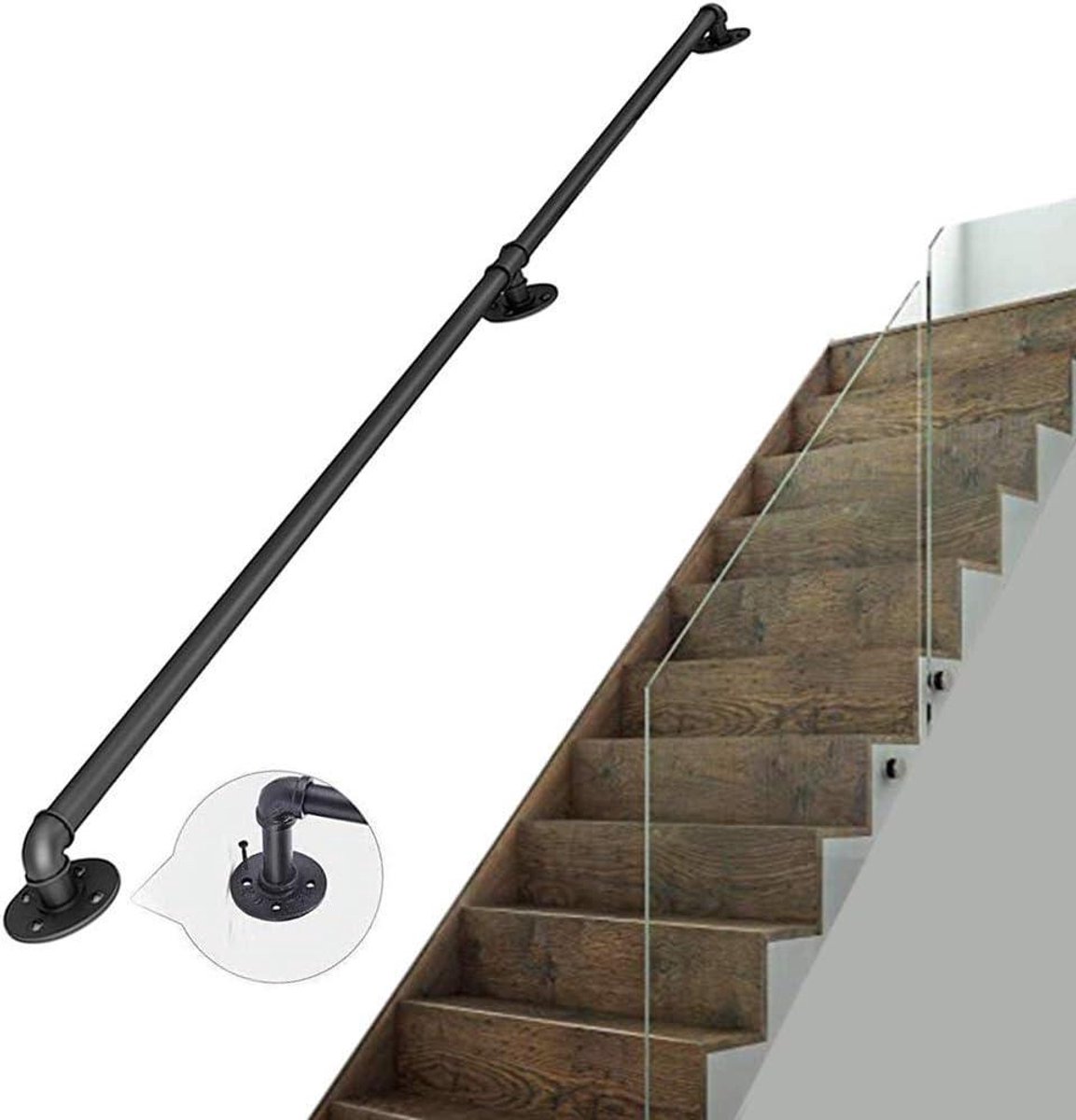Trapleuning Leuning Kit Trap Leuning Kit Met Smeedijzeren Gegalvaniseerde Pijp | Trapleuning Veiligheid Antislip Handrail Wandmontage voor Binnen en Buiten Zwart, 1694,80Cm
