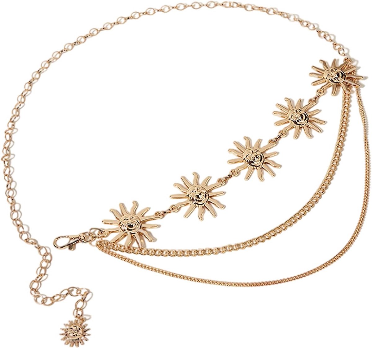 Vintage Zonne- en Maan Gegraveerde Multilaags Metalen Riem voor Dames in Punk Hip Hop Stijl, Verstelbare Lichaamsketting voor Jurken, Broeken en Jassen