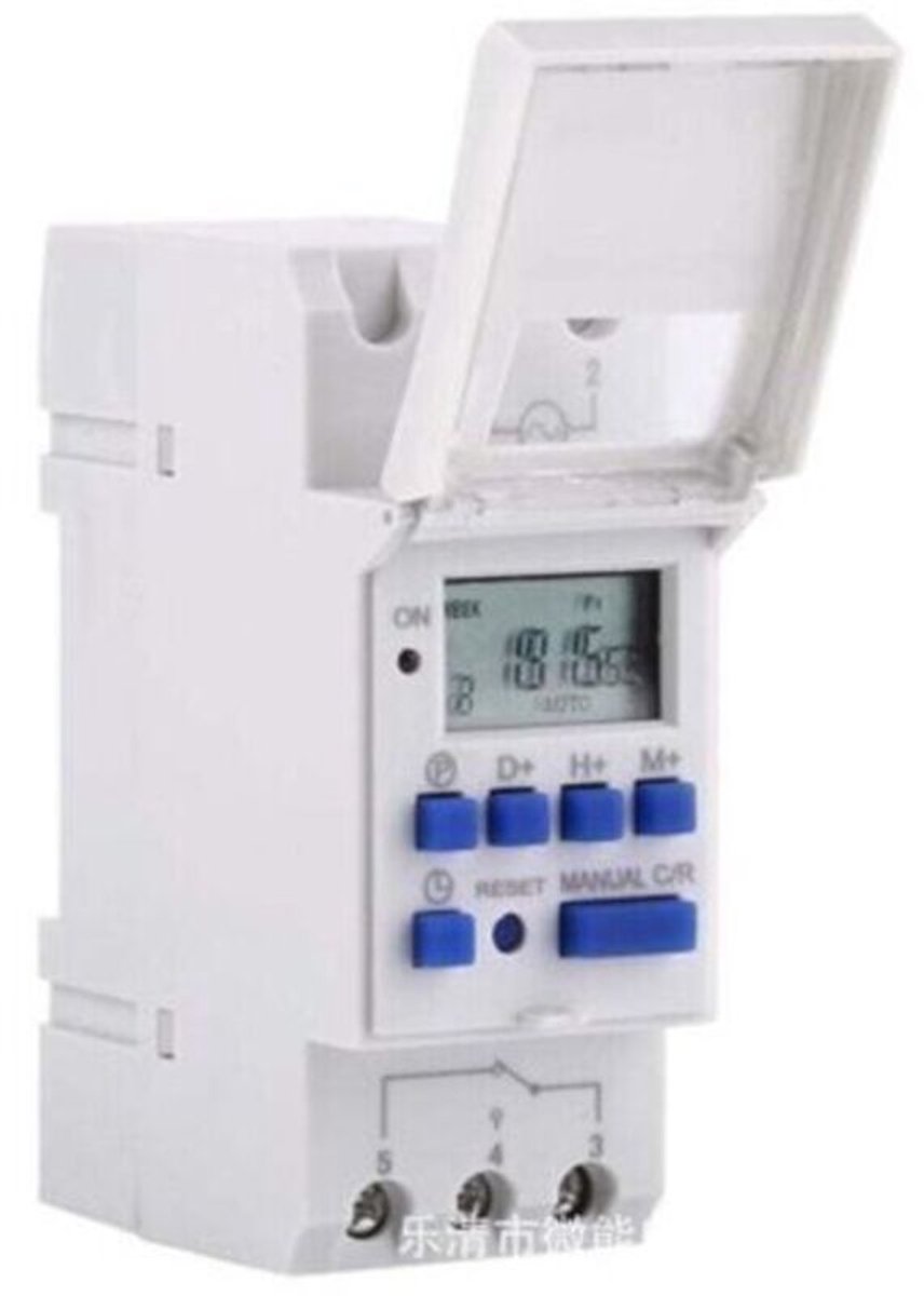 15A digitale weektimer – 16 programmeerbare aan/uit-standen – 220V spanning – DIN-railmontage – Afmetingen: 86x36x65mm
