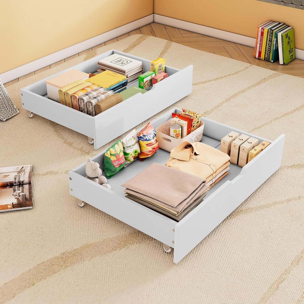 Opberglades Onder Bed - Ladenkast Bed - Ruimte Besparen - Met Wieltjes - 93 x 66.5 cm - Wit