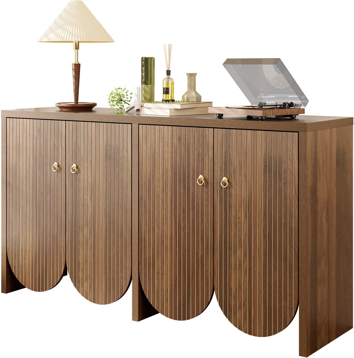 Zubaliya Sideboard - 147x40x80 cm walnoot - 4 deuren & verstelbare planken - verticale ribbels & alu handgrepen Wood