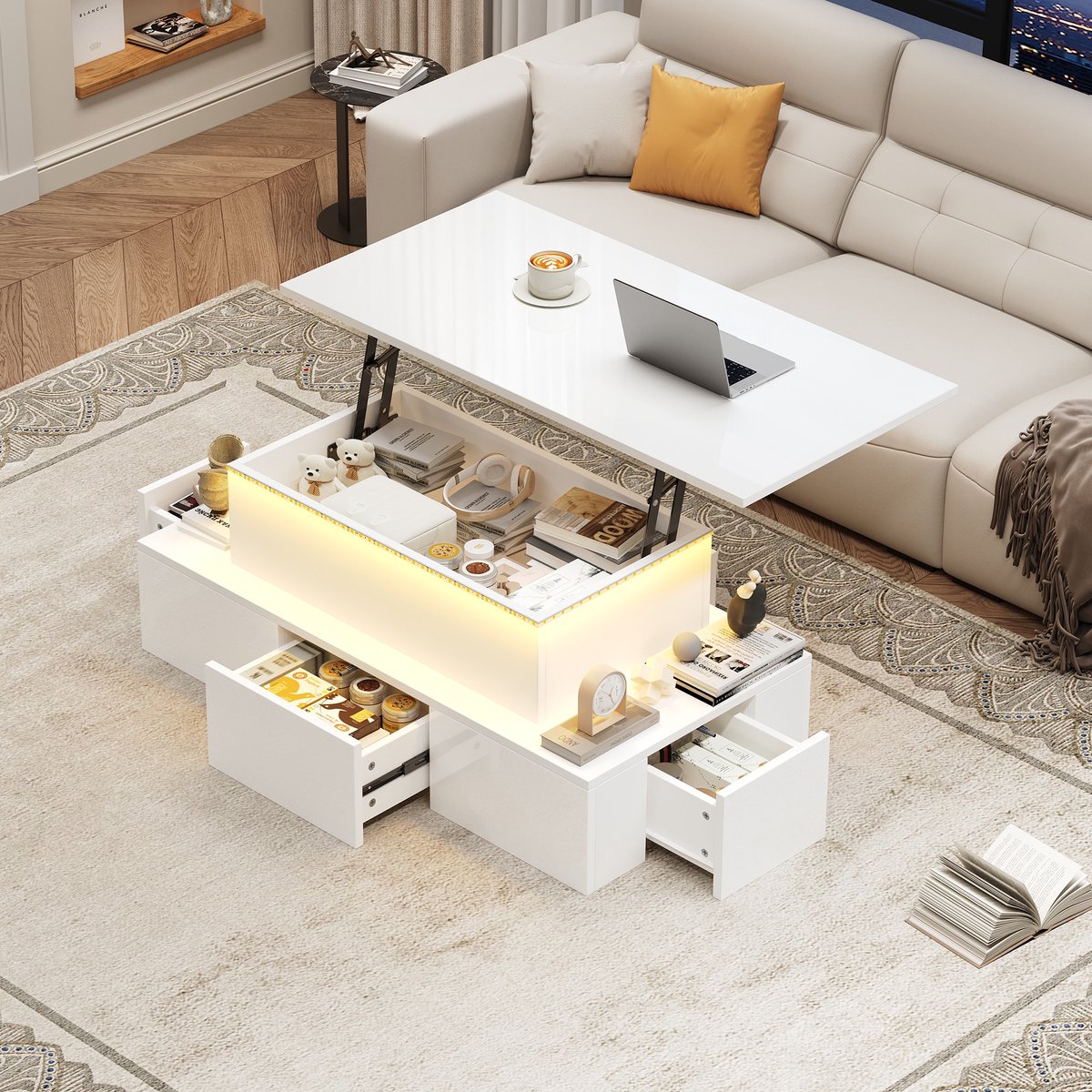 Clruro Salontafel - 100x50x40 cm - Verstelbaar + 4 Lade - Met LED en Verborgen Opbergruimte - Hoogglans - Wit