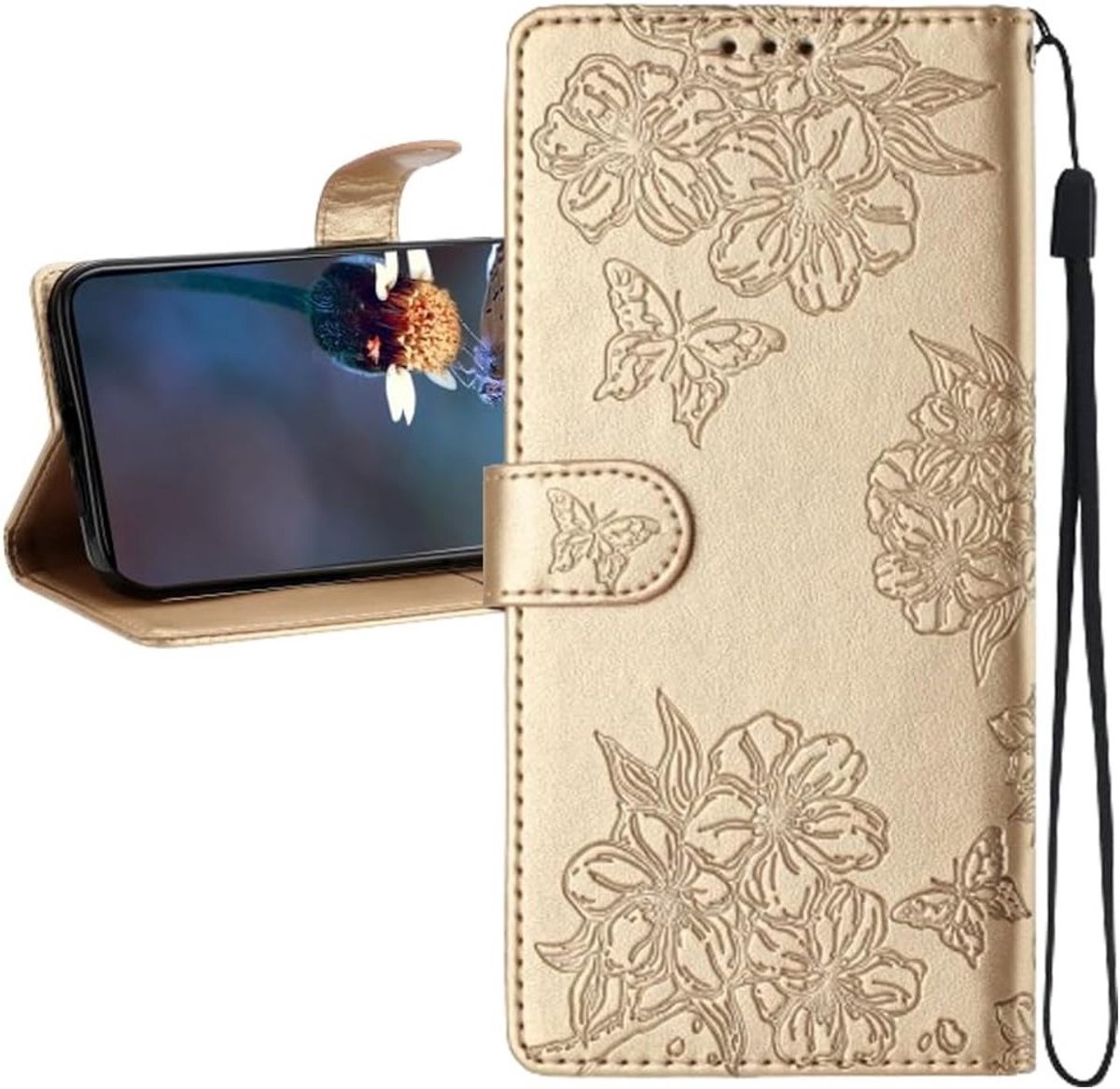 Elegante Flip Cover voor iPhone 13 met Kaartsleuven, Kickstand en Polsband - Premium Lederen Bescherming met Magnetische Sluiting en Butterfly Design
