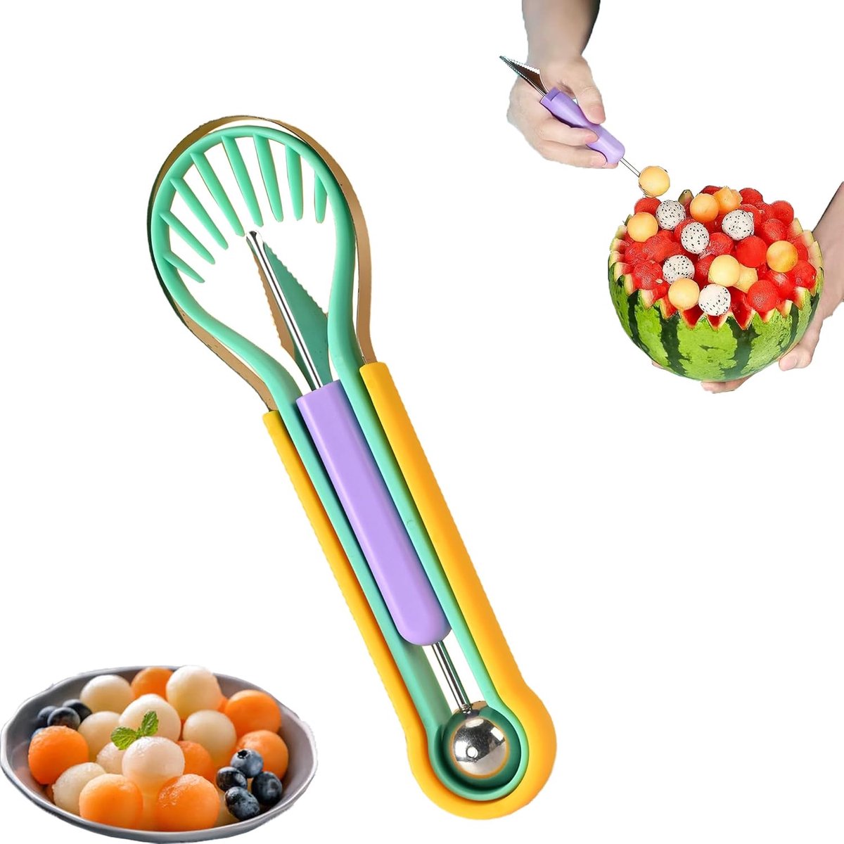 4-in-1 Roestvrijstalen Fruitset - Meloensnijder voor Cantaloupe en Watermeloen, Meloensnijder met Verwijderbare Mesjes – Geschikt voor Watermeloen, Kiwi en Drakenfruit – Keukenhulpje