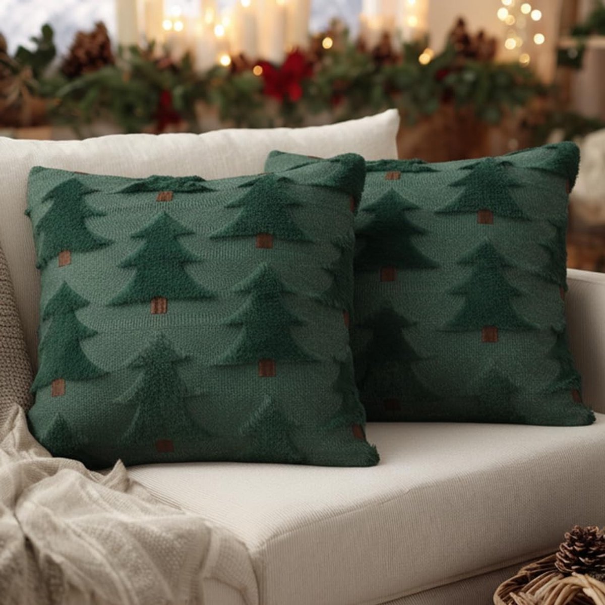 Set van 2 Kussenslopen voor Winter en Kerst, Zachte Pluche Fluffy Kussens, Rustic Decoratie voor Thuis en Kerstboom