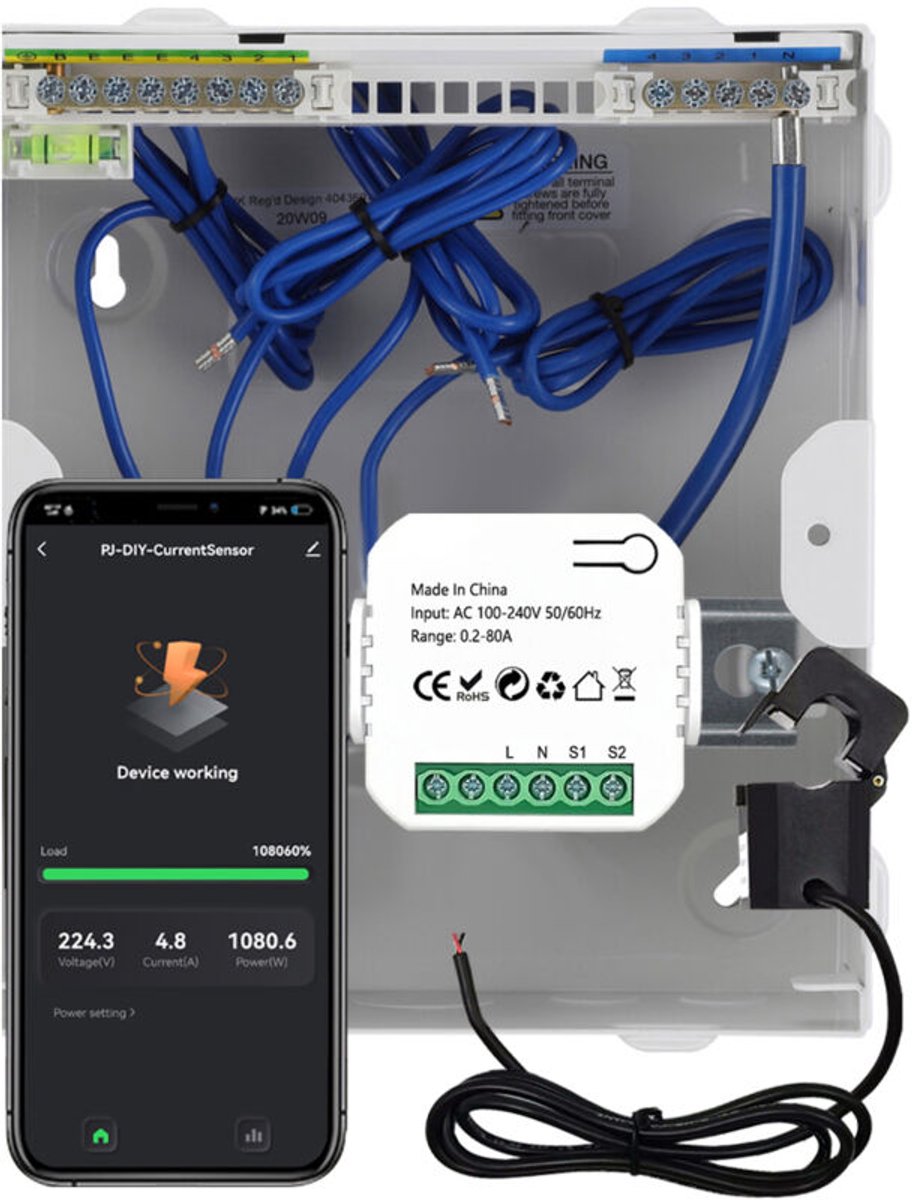 Elektriciteitsmeter – meet kilowattuur (kWh) elektriciteit – werkt met Alexa en geschikt voor Google Home – eenvoudig te installeren op een 35 mm DIN-rail.