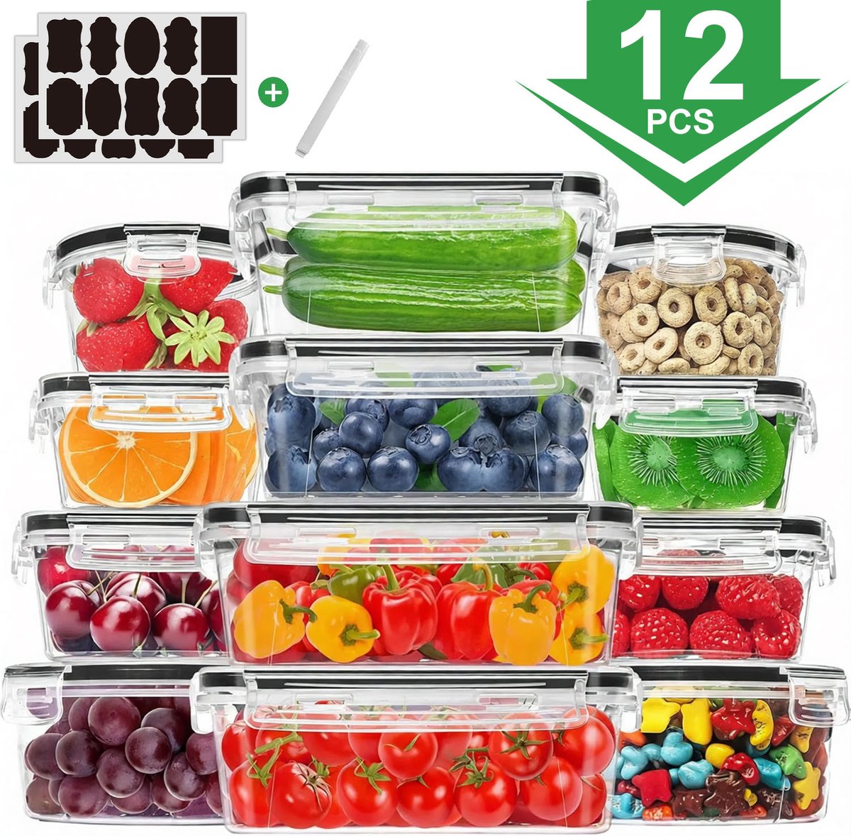 12-delige Luchtdichte Vershoudbakjes Set – Voedselopslag Containers – Droge Voeding Bewaardozen – Keuken Organisatie Boxen – Food Storage Set