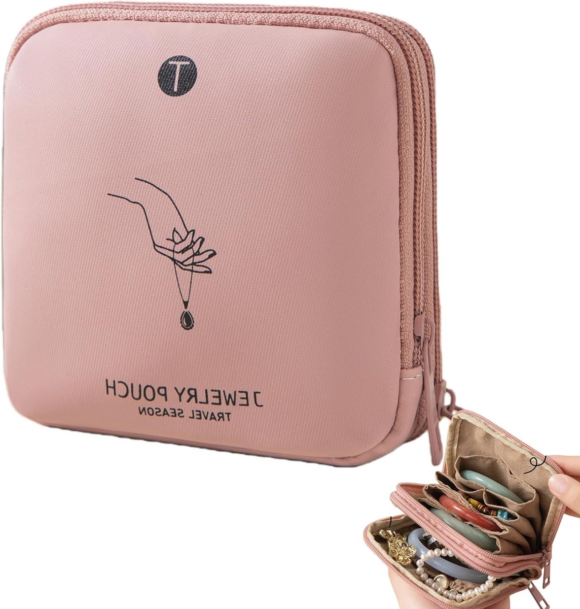 Dubbellaagse sieradenorganizer voor reizen, waterdichte PU-reisorganisator met rits, compartimenten voor kettingen, oorbellen en ringen, ideaal voor vrouwen op vakantie, beige (roze)