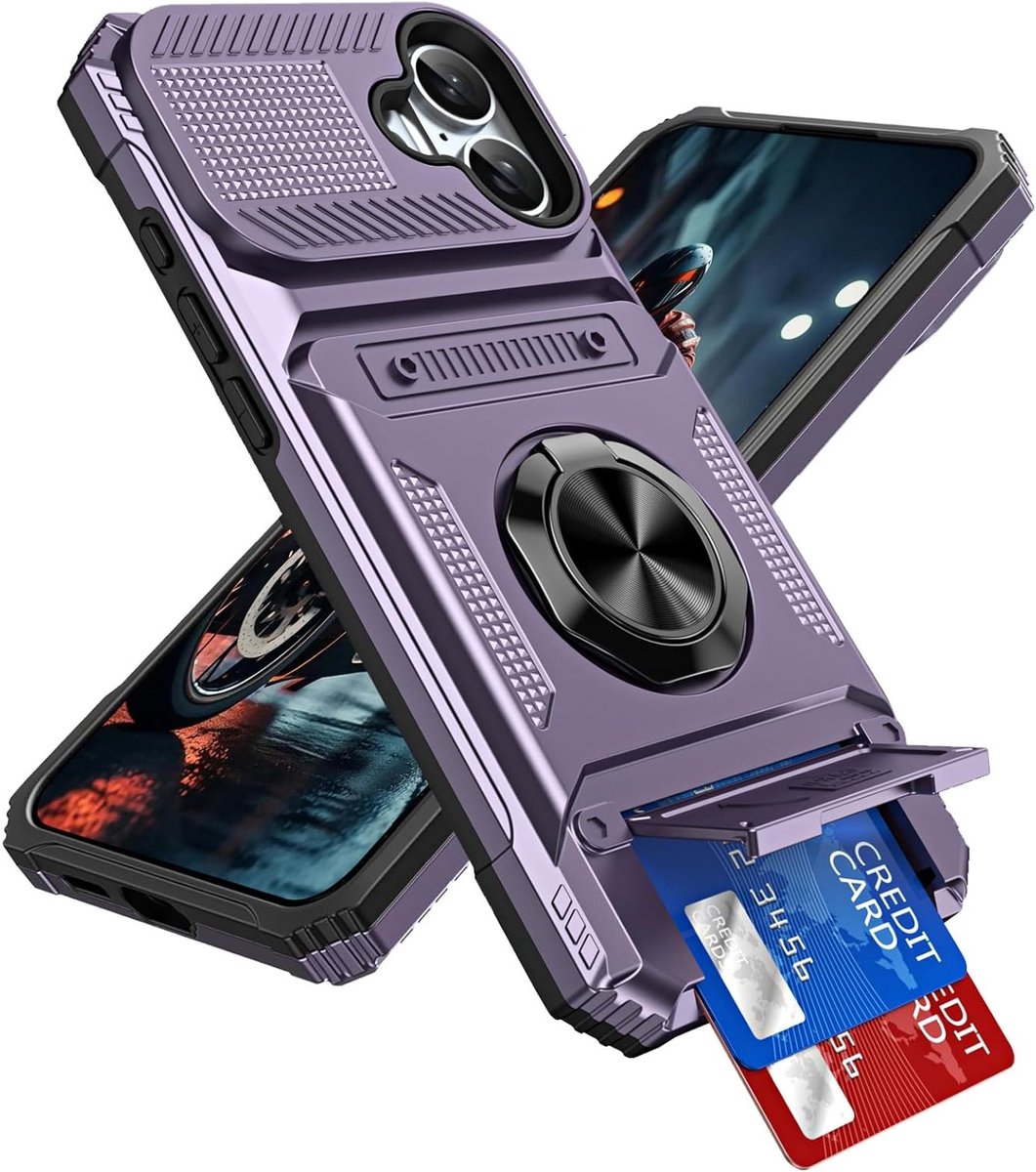 Case voor iPhone 17 met Kaartsleuf [Max 2 Kaarten] Ringstand, Schokbestendig en Robuuste Hard Shell Bescherming in Paars
