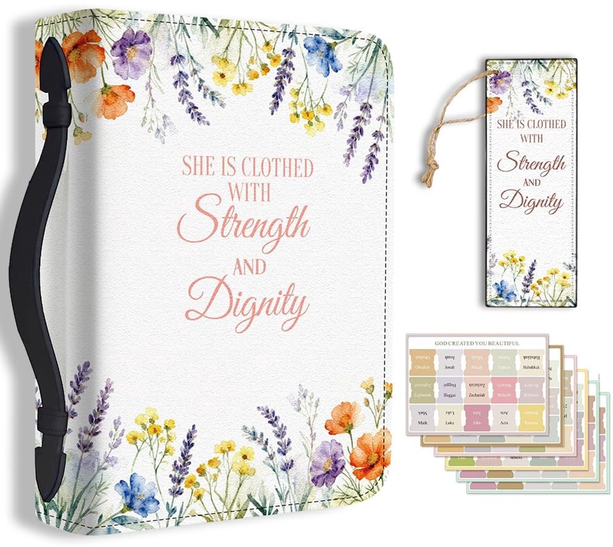 Dailygoods - Lavendel Bijbelhoes met Kleurrijke Bloemen en Bladwijzer