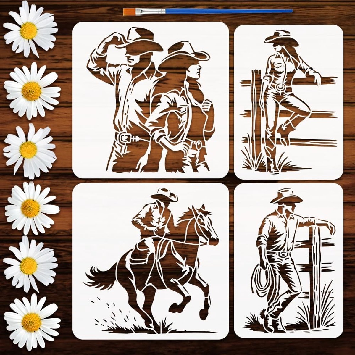 Dailygoods - Set van 4 Herbruikbare Schilderstencils met Cowboy-Thema