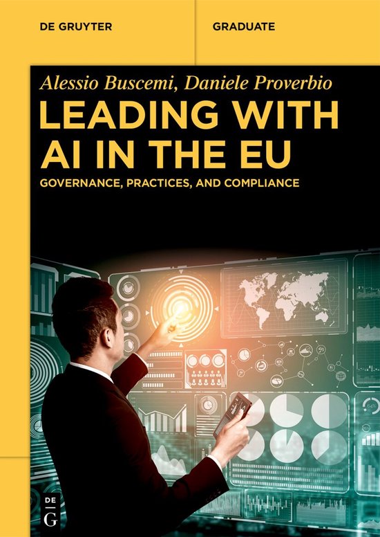 Couverture du livre 'Leading with AI in the EU' montrant un homme interagissant avec un tableau de bord IA.