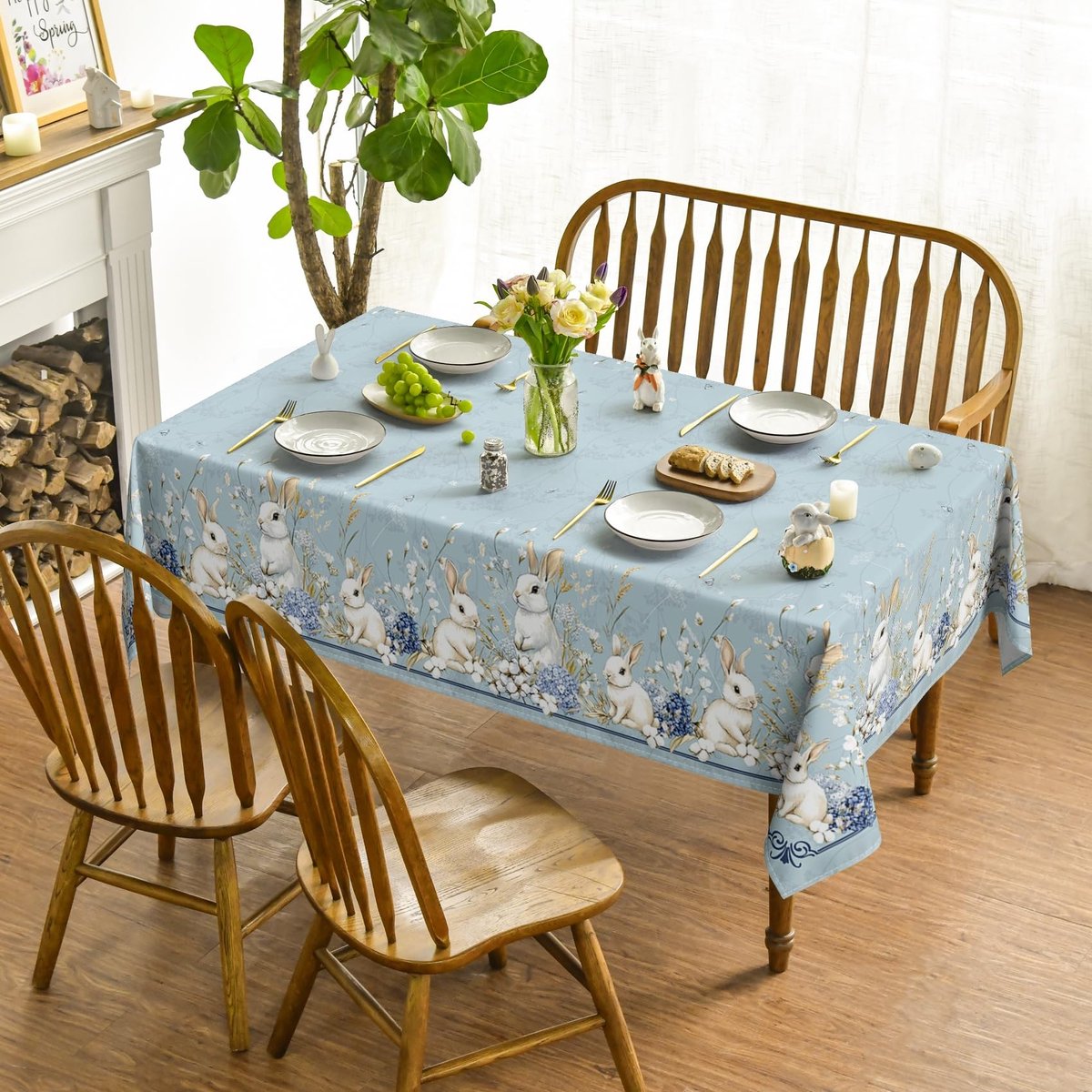 Dailygoods - Tafelkleed met Hortensia en Konijn voor Pasen 140 x 200 cm