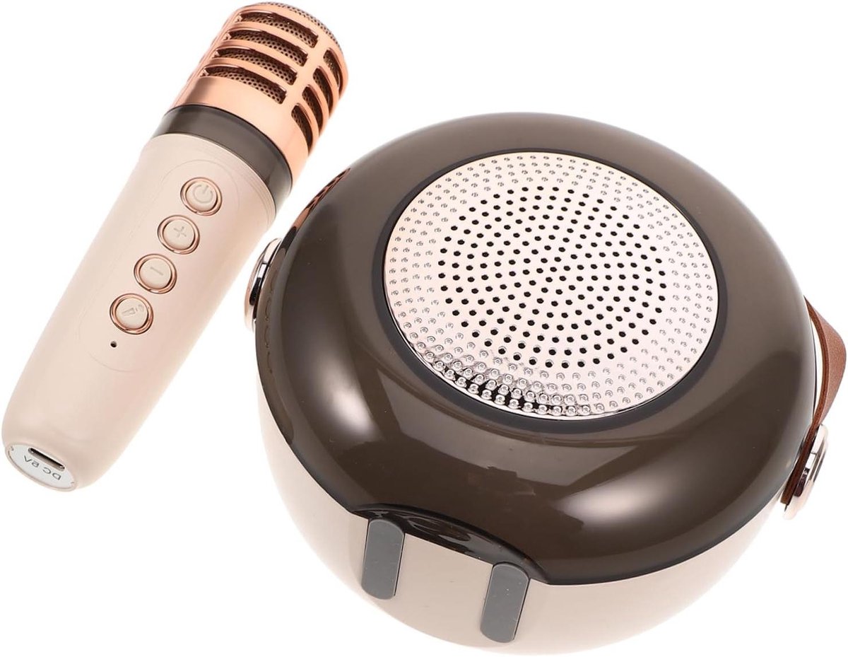 Karaoke Systeem - Draagbare Geluidsbox - Feestelijke Muziekavond - Draadloze Microfoon - 11.5 x 13 x 7 cm - Beige