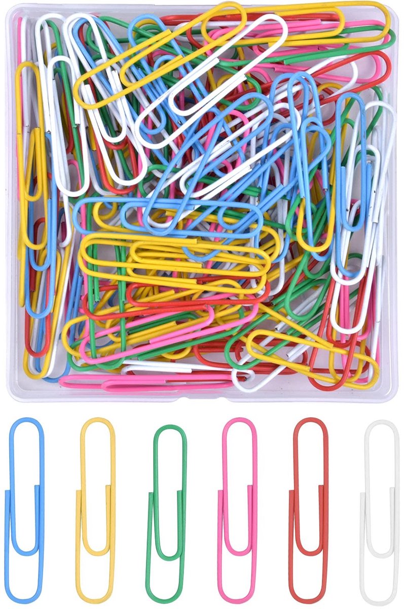 Dailygoods - Dailygoody - Paperclips - Metalen paperclips - Roestvrij en vinyl gecoat - 50 mm - Geschikt voor kantoor en school - Set van 100 kleurrijke paperclips