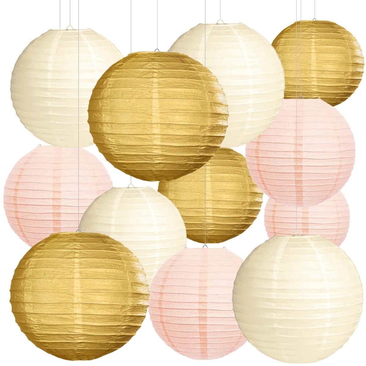 Dailygoods - Dailygoody - Lampions - Papieren lantaarn - Unieke feestdecoratie - Goudrosa - Bruiloft en feest - Vintage stijl - 12 stuks