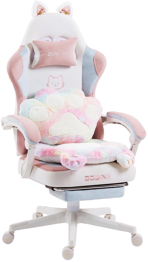 Wit-roze gaming stoel met kattenoren, inclusief pootvormig kussen, lendensteun en uitklapbare voetsteun.