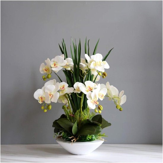 Kunstorchideeën Arrangement - Nep Bloemen - Huis Decoratie - Realistisch Uiterlijk - 50cm Hoog - Wit