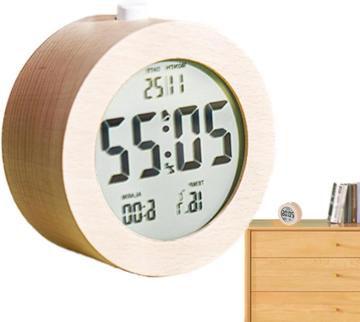 Houten Wekker - Digitale Klok - Tijd Weergeven - LCD Scherm - 10.5 cm - Houtkleur