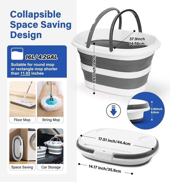 Opvouwbare emmer - Siliconen bak - Ruimtebesparend opbergen - Multifunctioneel deksel - 16 liter - Grijs/Wit — afbeelding 2