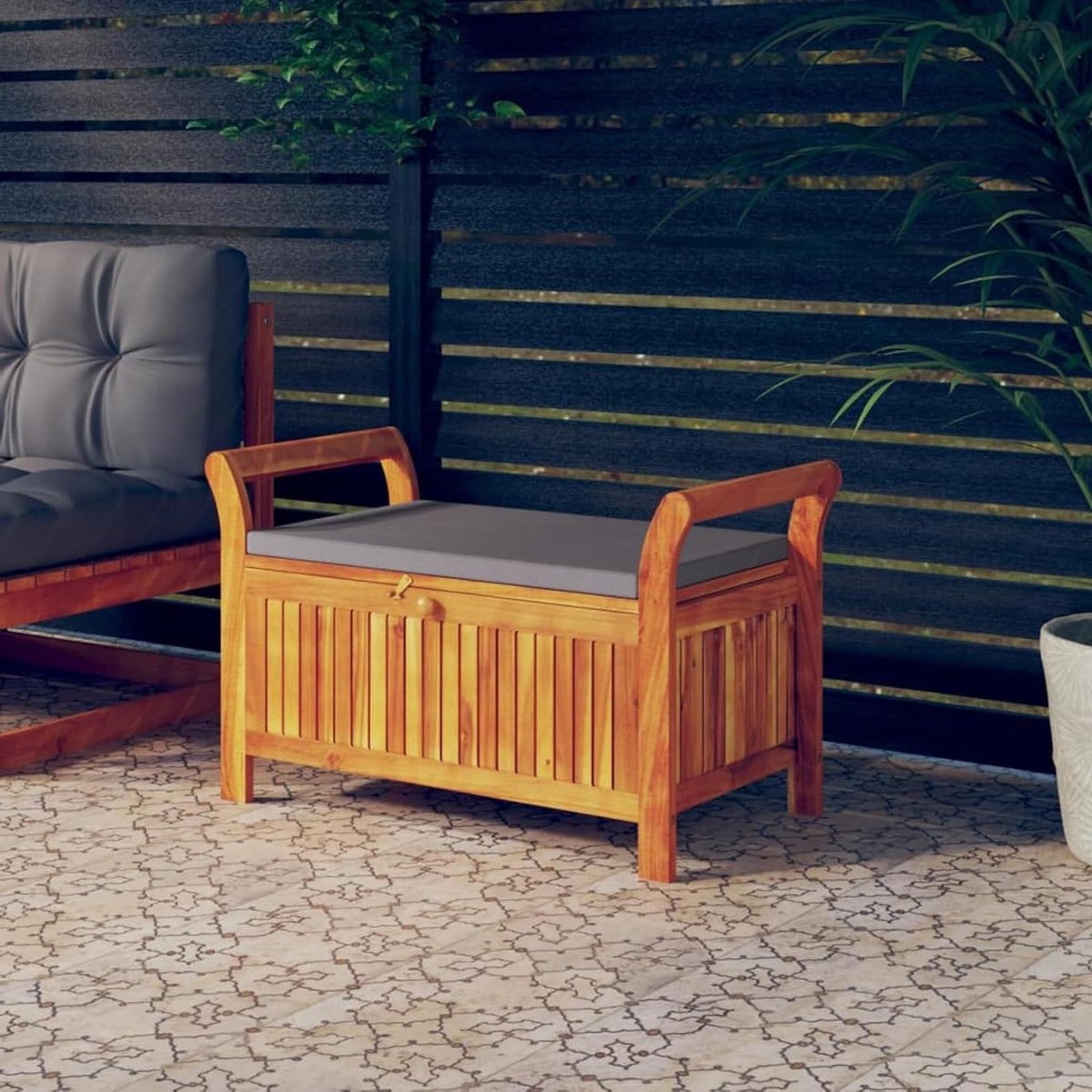 Houten Tuinbank - Buitenbank Veranda - Opbergen Tuinspullen - Met Zitkussen - 91 cm - Houtkleur