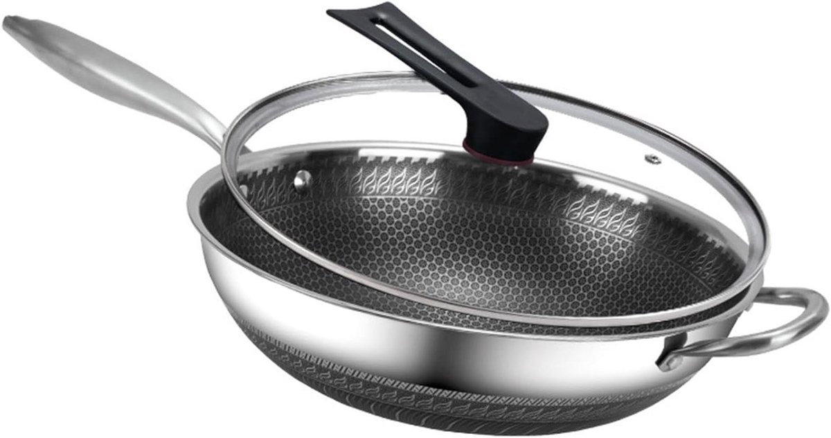 Roestvrijstalen Wokpan - Honingraat Wok - Lekker Koken - Antiaanbak Structuur - 36 cm - Zilver