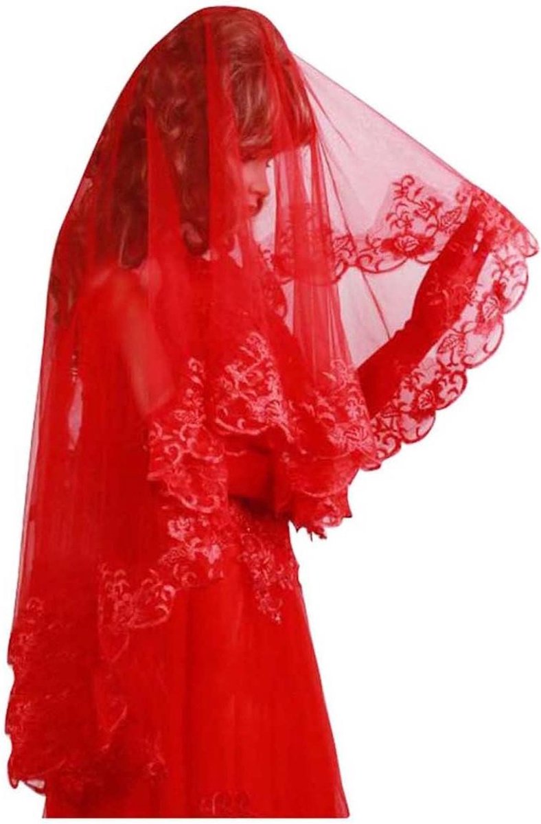 Bruidssluier - Bruids Hoofddoek - Bruiloft Accessoire - Eenvoudig Kant - 24 cm - Rood