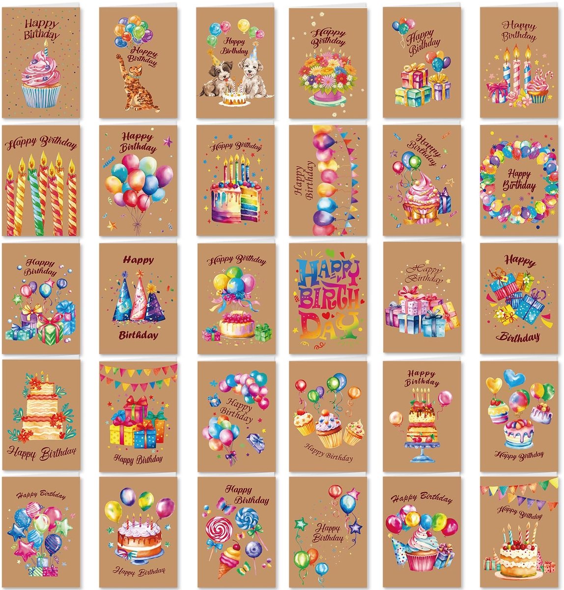 Dailygoods - Set van 30 Aquarel Verjaardagskaarten met Enveloppen