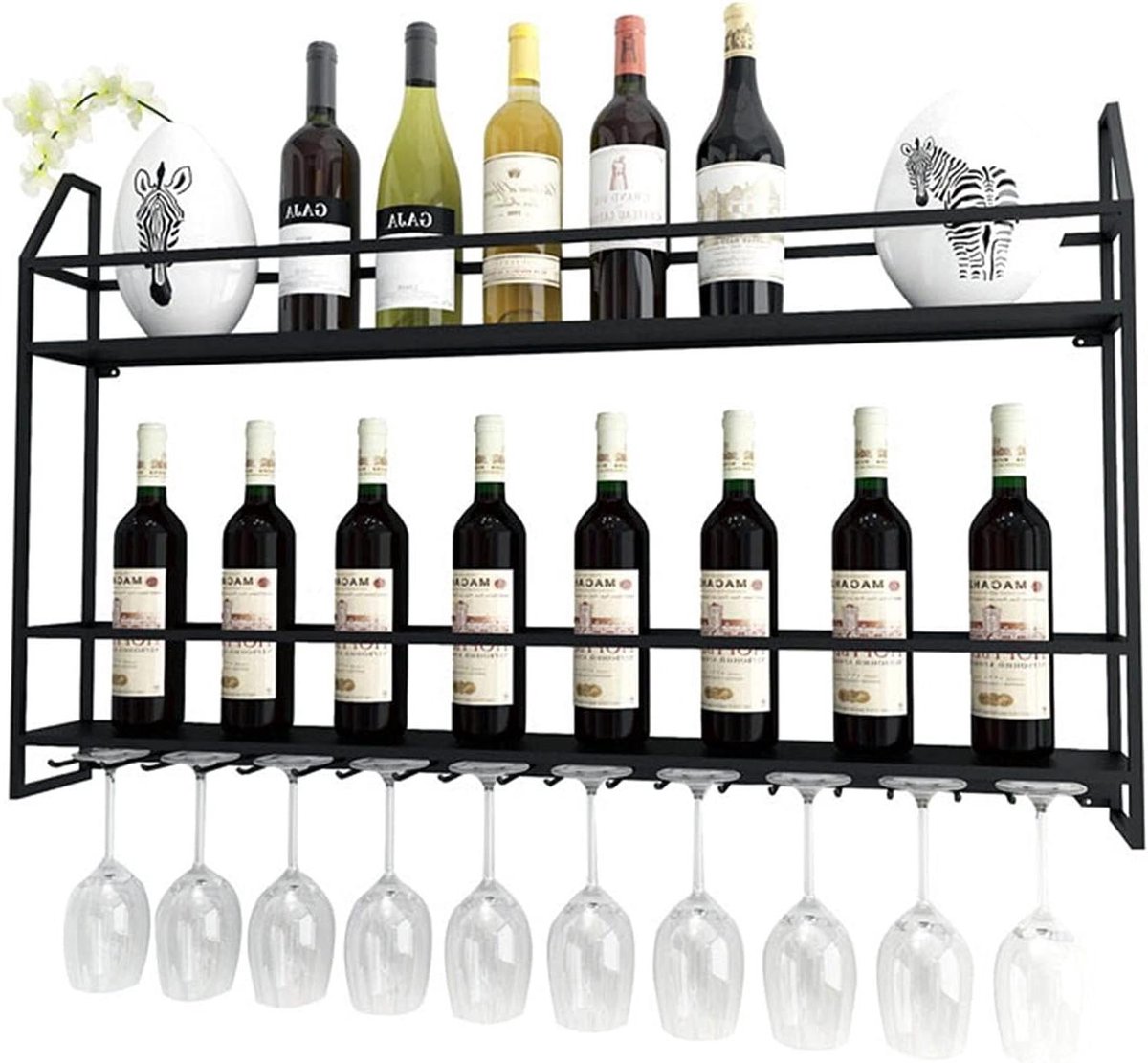 Wijnrek - Flessenhouders - Wijn Opslag - Met Glazenhouder - 80 cm - Zwart