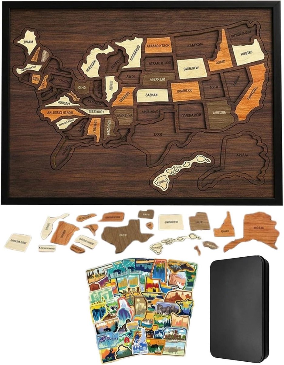 Houten Puzzel - Reiskaart - Herinneringen Maken - Interactieve Kaart - 30 x 25 cm - Multi