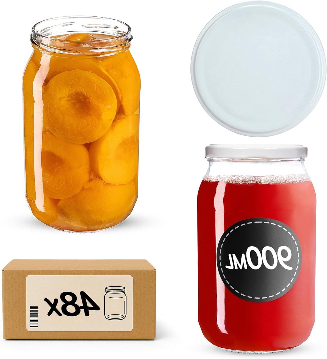 Glazen Potten - Bewaar Glazen - Zelf Inmaken - Hittebestendig Dik Glas - 900 ml 48 Stuks - Wit
