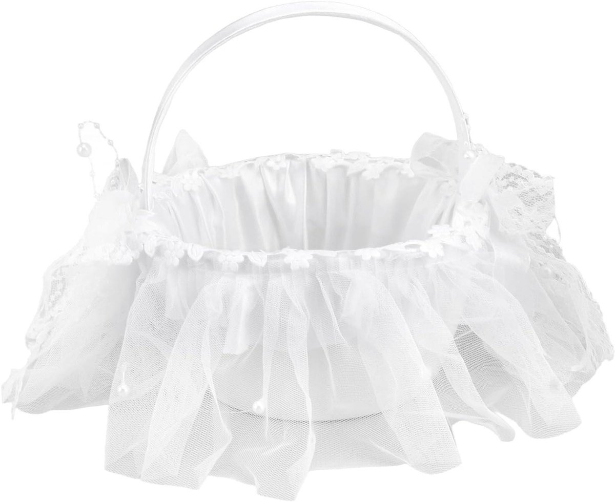 Bloemenmandje Bruiloft - Bloemenmeisje Mand - Ceremonie Accessoire - Met Kant En Kralen - 20x17x20 cm - Wit
